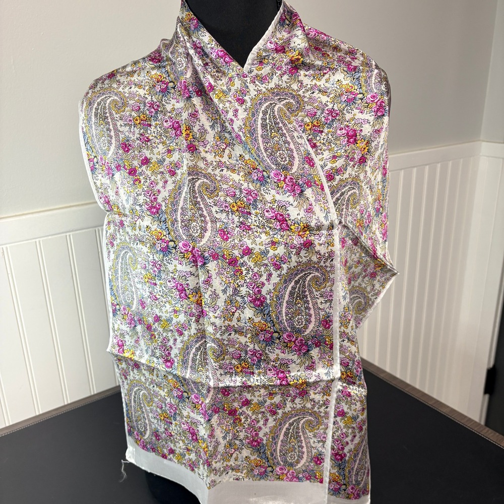 Echo Silk Scarf Floral Paisley Pink Yellow Blue Made in Japan 52x11 Rectangle